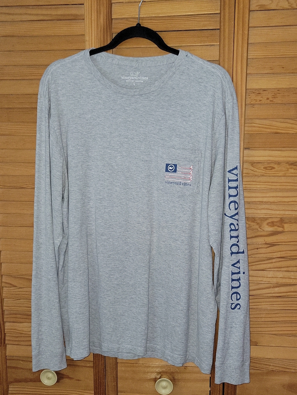Vineyard Vines Grey Heathered Hockey American Flag Long Sleeve Pocket Tee Size L